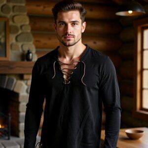 Men’s Large Black Knight‑Style Lace‑Up Long-sleeve Shirt